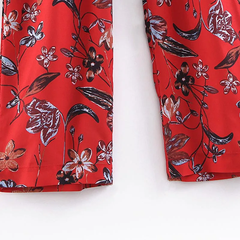 KZ208 Women's Red Color Floral Print V Neck Buckle Belt Deco Slim Waist Jumpsuit Chic | Женская одежда