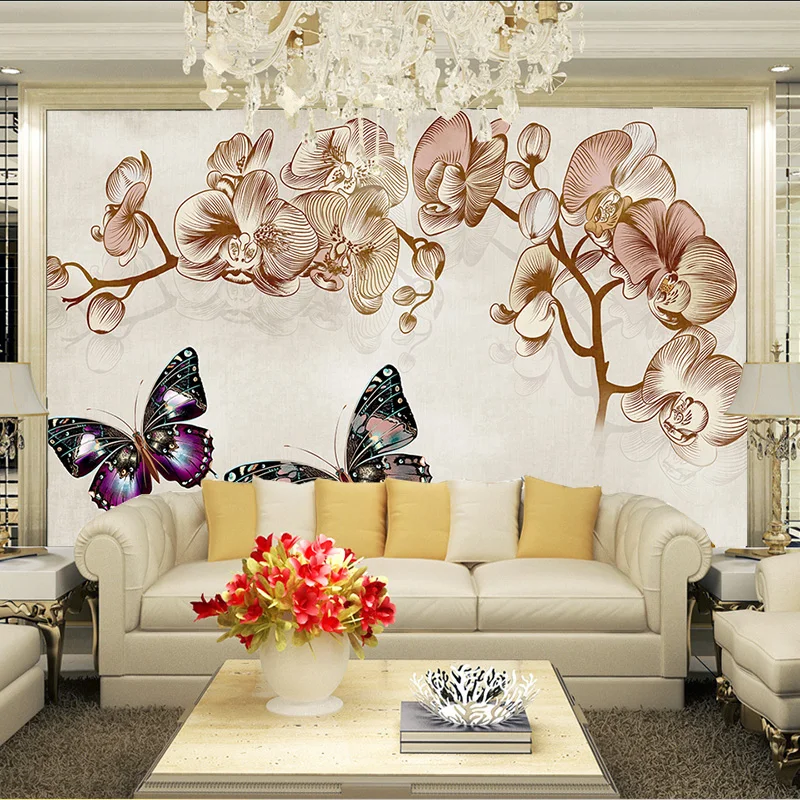 

Custom Photo Wallpaper Mural Wall Sticker European Flowers Butterfly TV Wall3d wallpaper for room wholesale Home Decoration