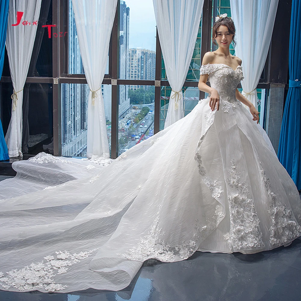 Robe De Mariee Princesse De Lux, роскошное бальное платье с коротким рукавом, жемчугом, цветочной аппликацией и кружевным шлейфом, свадебные платья