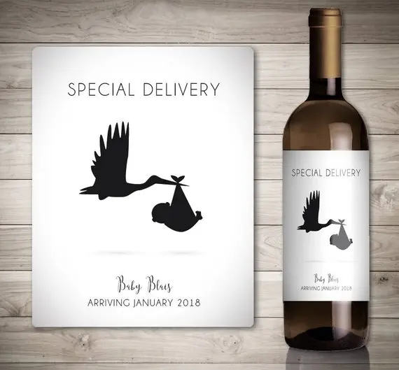 

custom 10pcs Baby Announcement Wine Bottle Labels Special Delivery Stork Carrying a Baby Pregnancy Announcement bottle stickers