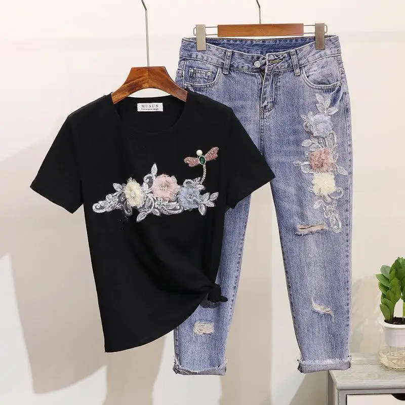 High Quality An Mo Yan3d Flower Embroidery Harajuku Two-piece Women's Spring And Autumn Sweet Trend Summer Set Women | Женская