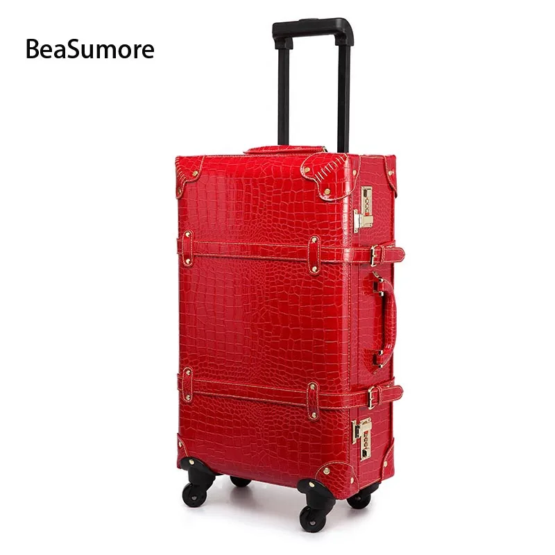 22 inch red 4 wheel BeaSumore Ретро Крокодил из искусственной кожи сумки на колёсиках наборы Spinner Для женщин пароль чемодан колеса 20 дюймов кабина винтаж тележка - Цвет: 22 inch red 4 wheel
