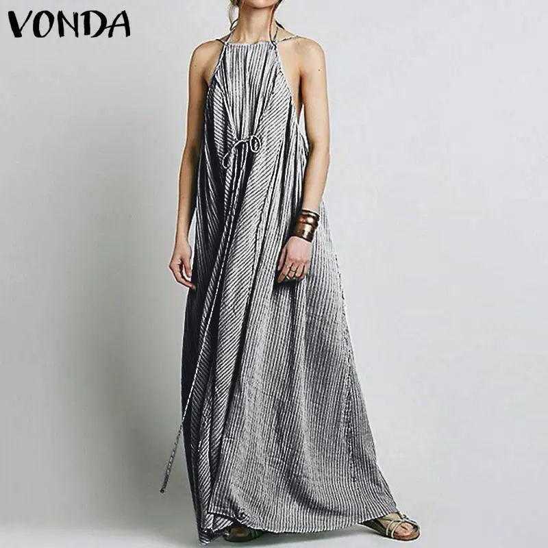 VONDA, 5 цветов, богемное длинное платье макси, винтажное сексуальное летнее платье без рукавов, праздничное платье, сарафан, повседневное пляжное платье, большие размеры