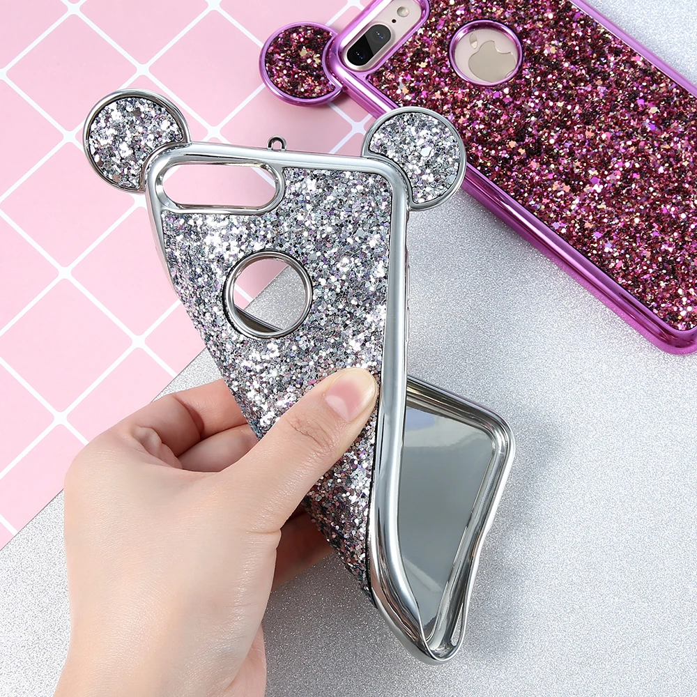KISSCASE Пайетками Чехол Для iPhone 6 6s 7 Плюс Случаи Luxury блеск Блесток Микки Уха Крышка