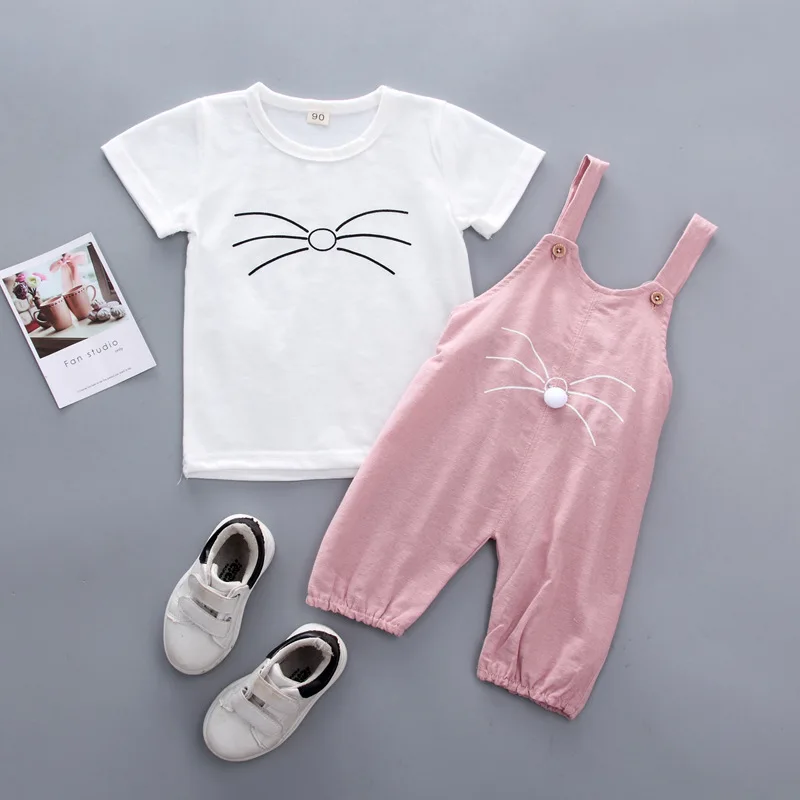 

DIIMUU 1-4T Baby Girls Clothing Sets Infants Newborn Girl Clothes Shorts Sleeve Tops+Overalls 2PCS Outfits Summer Bebes Clothing