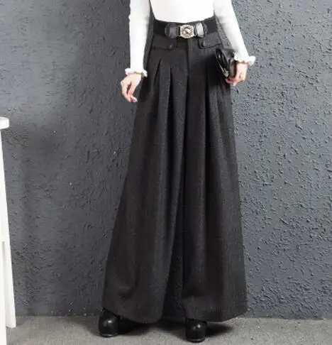 dark gray Шерстяные брюки женские осенние модные шерстяные брюки с высокой талией с поясом женские зимние толстые широкие брюки размера плюс S-3XL A3948 - Цвет: dark gray