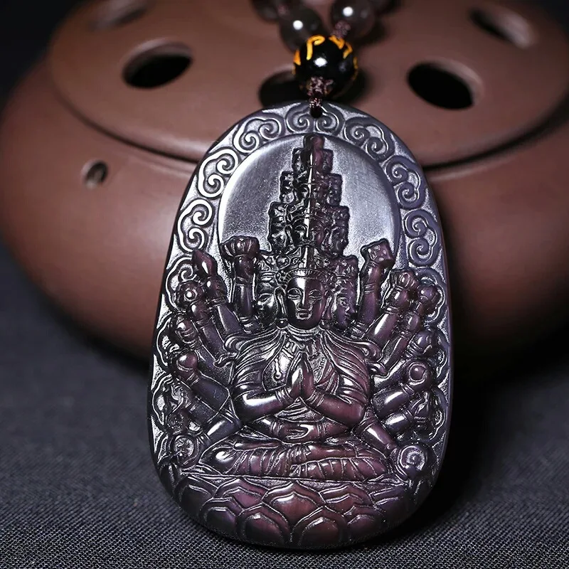 Оптовая продажа черный натуральный обсидиан тысячи рук подвеска Будды Гуаньинь
