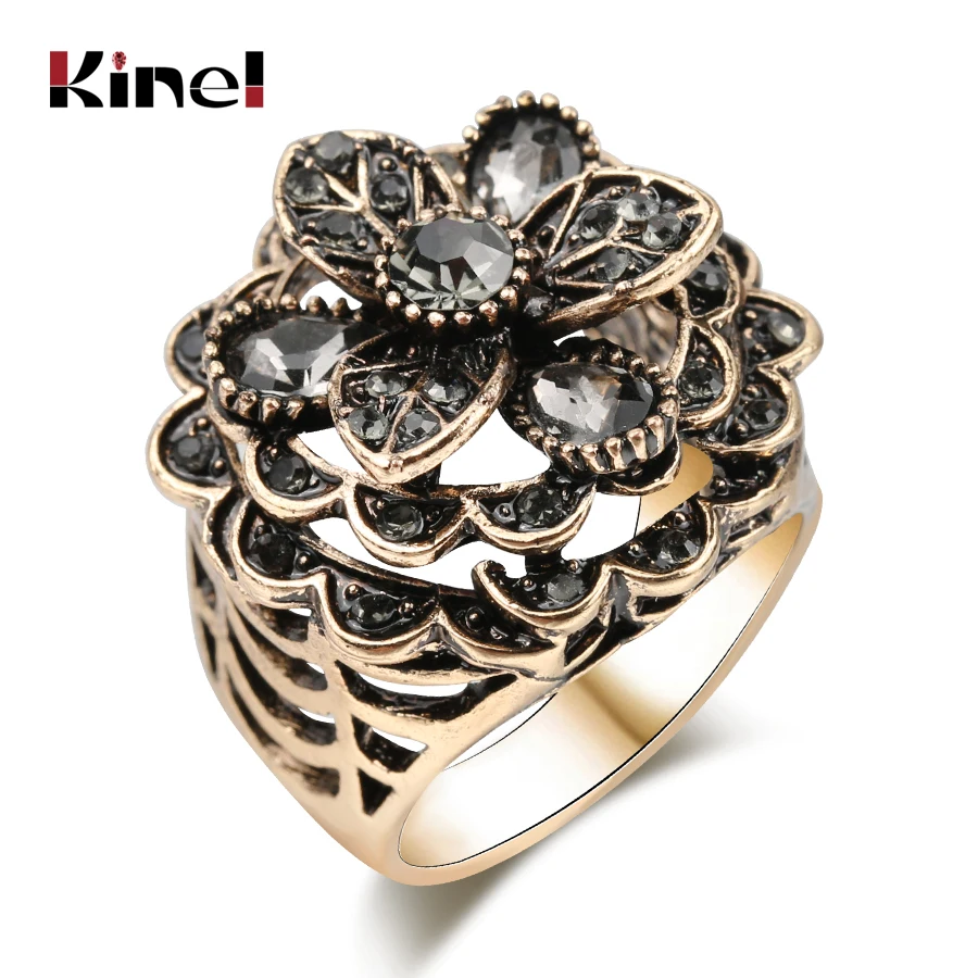 

Kinel Luxury Gray Crystal Flower Ring For Women Antique Gold Color Vintage Jewelry Party Accessories Gifts 2019 New