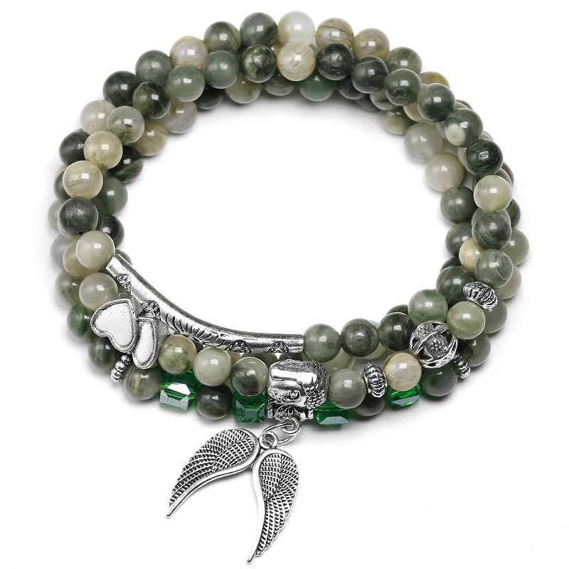 Natural Green Grass lace Agates Bracelet 108 Mala Bracelet Buddha Wing Pendant Chakra 6MM Beaded Necklace Yoga Prayer Bracelets