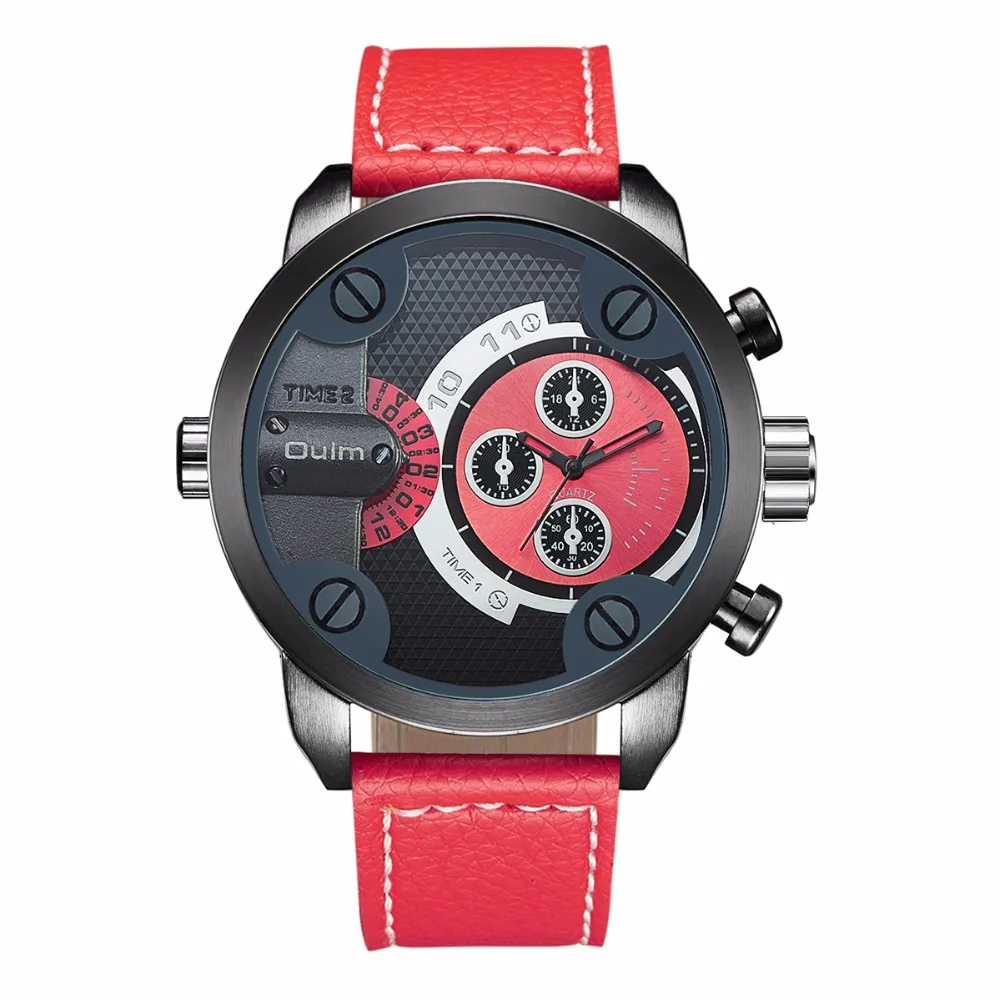 Новый бренд OULM красочные кожаные Наручные часы для мужчин с двумя часовыми