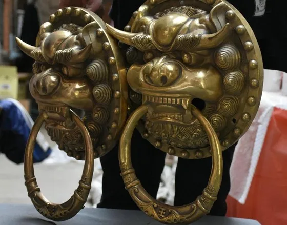 YM 316 15&quot Chinese Brass Fengshui Evil Guardion Foo Fu Dog Lion Head Door Knocker Pair | Дом и сад