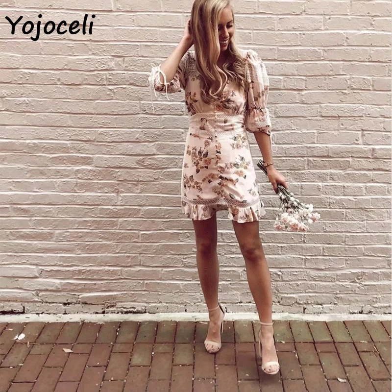 Yojoceli 2019 модное кружевное лоскутное платье с цветочным принтом женское v-образным