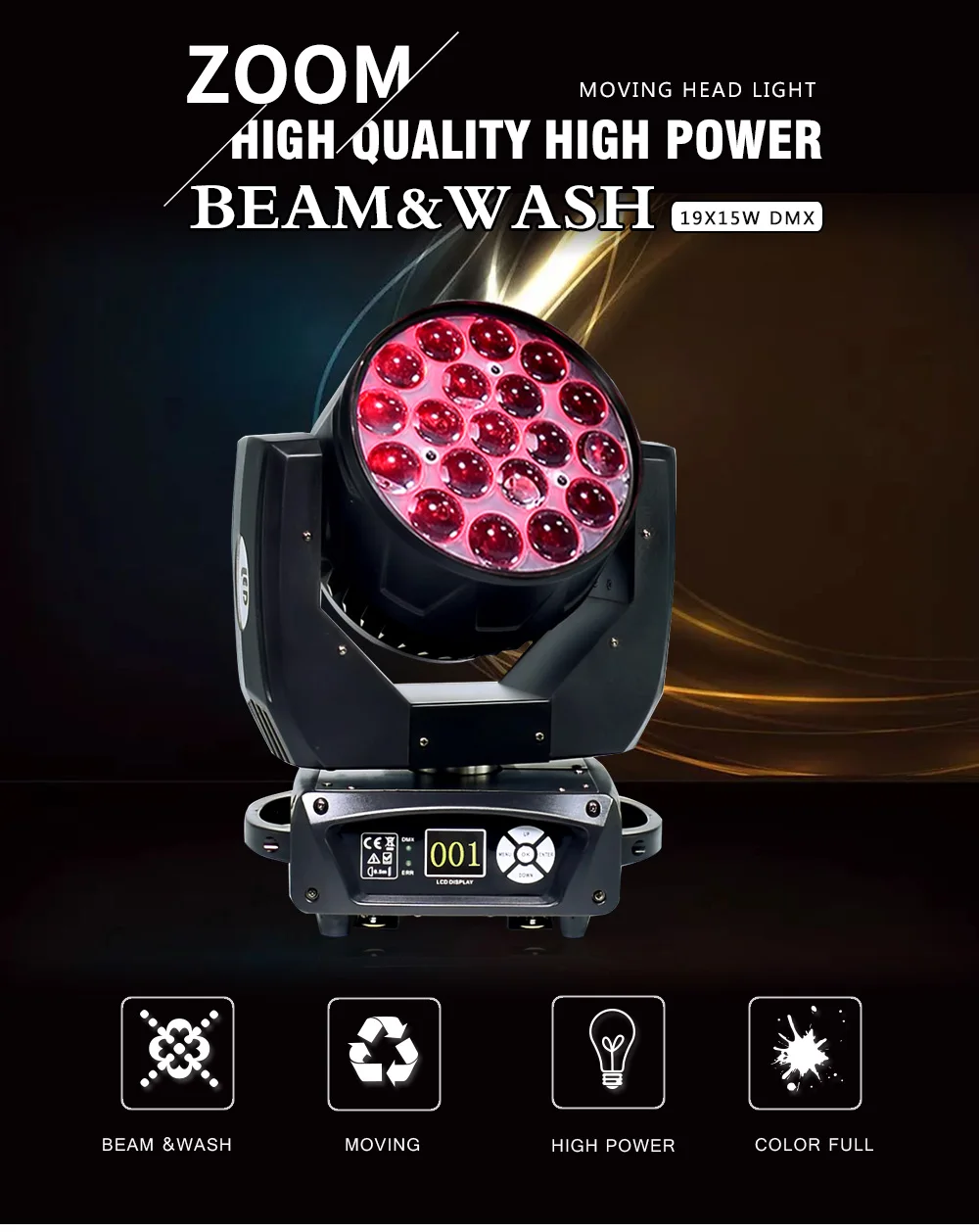 Светодиодный моющийся zoom 19x15w rgbw светильник с движущейся головкой, движущийся светильник с подвижной головкой