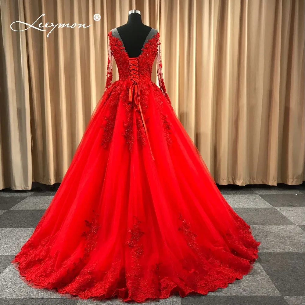 Leeymon красное свадебное платье с длинными рукавами кружева 2019 Sheer Backless Robe de Mariage