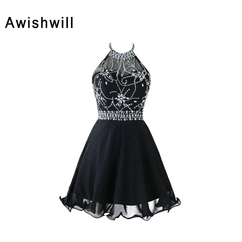Женское шифоновое короткое платье с открытой спиной без рукавов|prom dress black|prom