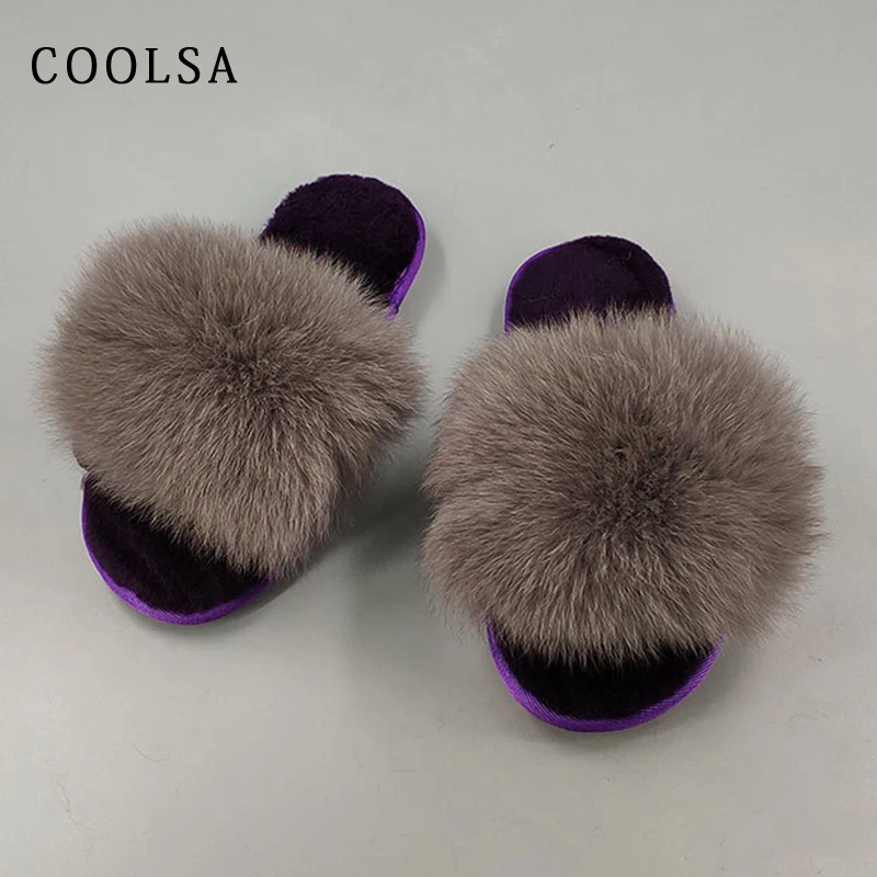 

Winter Warm Wool Slippers Women Home Slippers Fox Fur Slides Sheepskin Flip Flops Indoor Female Fur Slippers House Plush Shoes