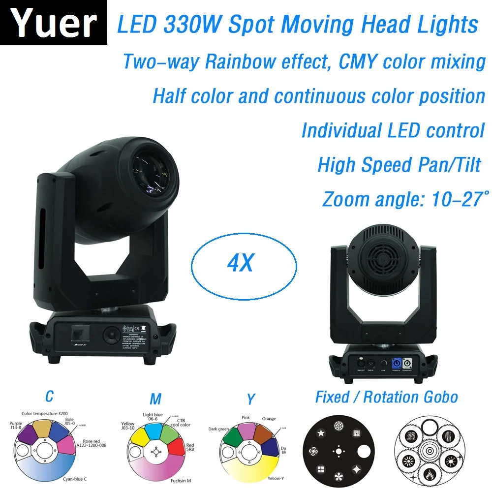4 Units New LED Spot 330W Moving Head Gobo Lights DMX512 Moving Head Zoom Lights 3 Facet Prism CMY Color Mixing DMX Disco Light