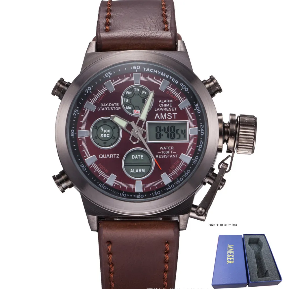 red brown Известный люксовый бренд AMST мужские спортивные часы мужские цифровые часы мужские армейские военные кожаные светодиодный наручные часы Relogio Masculino - Цвет: red brown