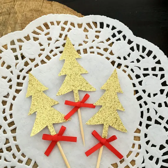

glitter Christmas tree with red bows Cupcake Toppers Bachelorette Party & Hen Party Supplies wedding toothpicks