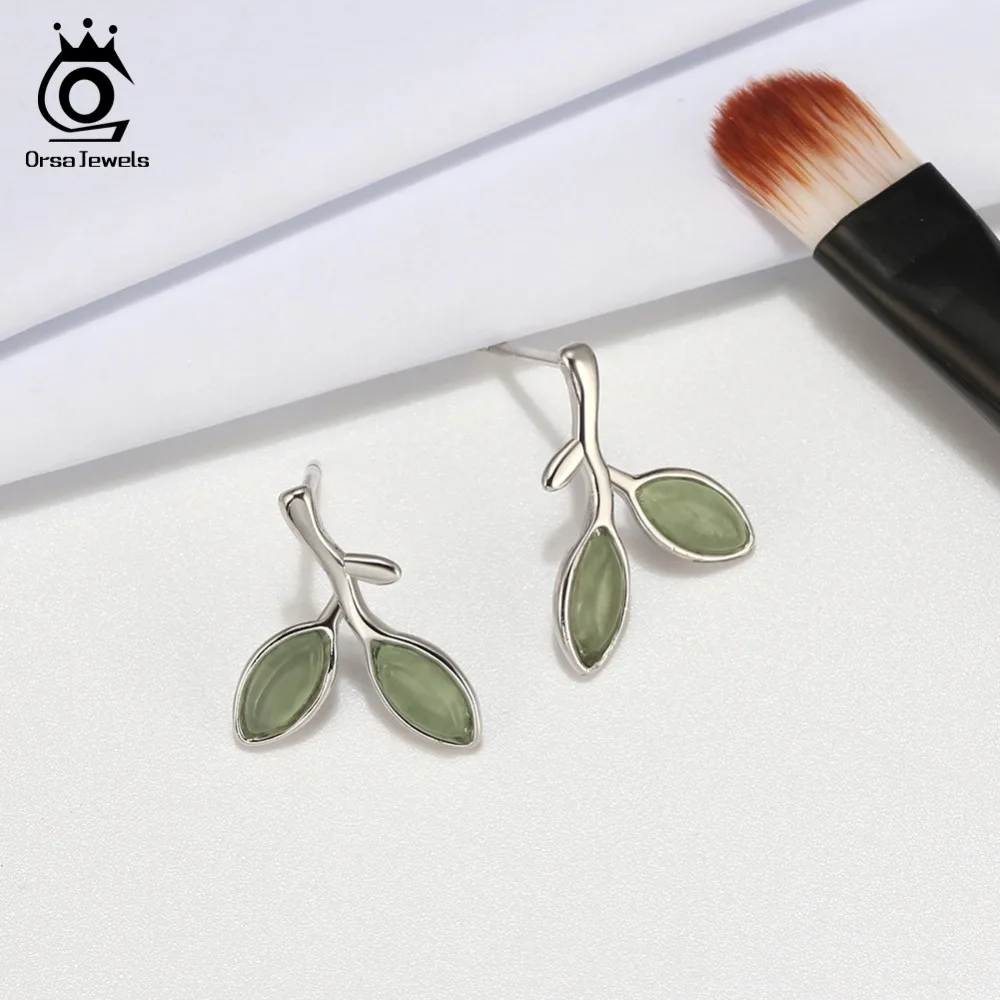ORSA JEWELS Настоящее серебро 925 проба серьги гвоздики Модные женские ювелирные изделия зеленый прозрачный в форме листа 17 мм серебряные серьги OSE87