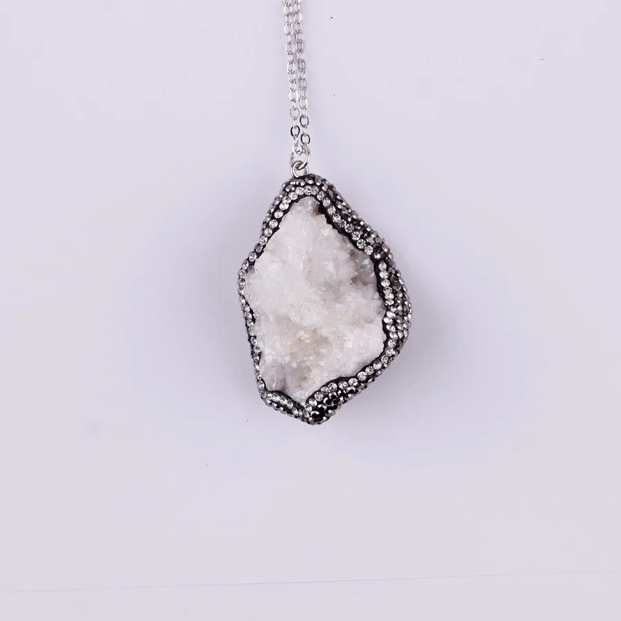 Стразы из пустого металла, украшенные кристаллами, Druzy колье с подвеской из кварца для женщин, каждый из них уникален - Окраска металла: White