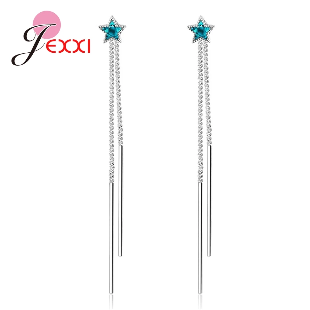 

New Arrival Authentic 925 Sterling Silver Exquisite Blue Stars Long Thread Earrings for Women Girls Party Jewelry Bijoux