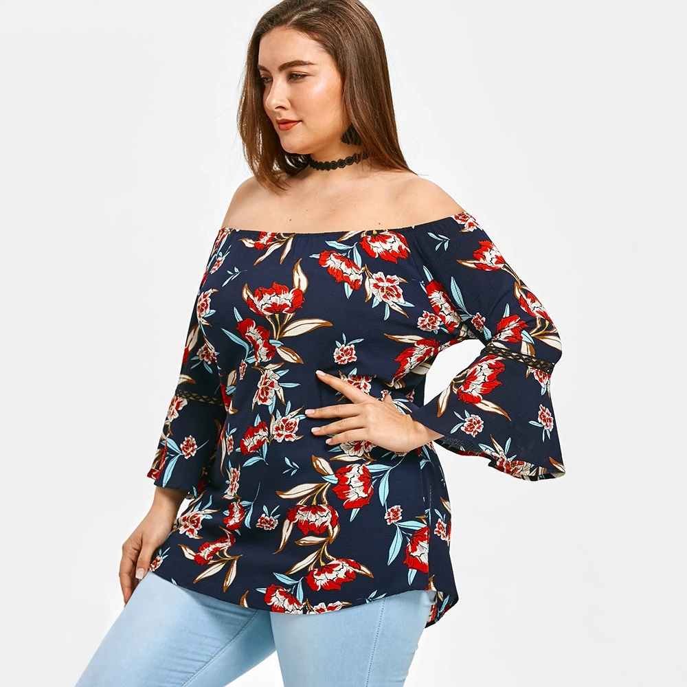2018 5XL плюс Размеры с открытыми плечами цветочным принтом Блузка Для женщин Slash шеи
