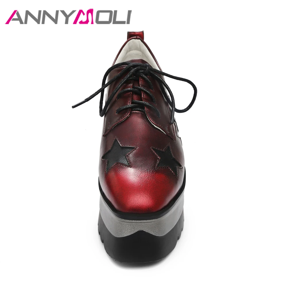 ANNYMOLI/женские ботильоны на платформе; ботинки на танкетке со шнуровкой; брендовые ботинки на высоком каблуке; коллекция года; Весенняя женская обувь; Цвет Красный; большие размеры 33-42