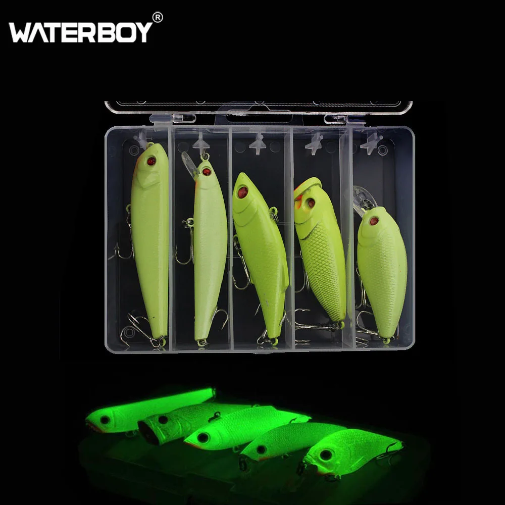 

WATERBOY 5Pcs/Box Hard Luminous Fishing Bait Sets VIB Minnow Crank Popper Pencil Mixed Fish Night Lighted Bait