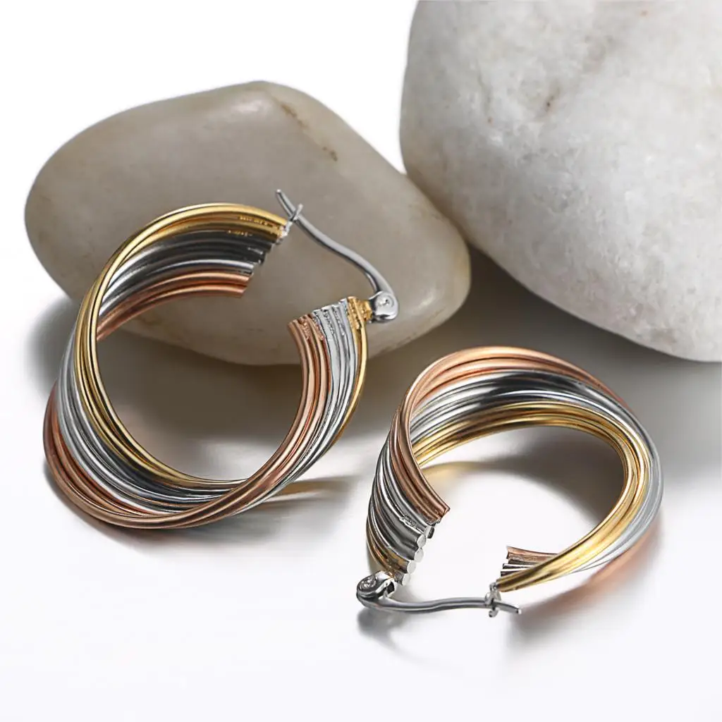 

BONISKISS Women's Tri-color Surgical Stainless Steel Twist Hoop Earrings (20/ 25mm)
