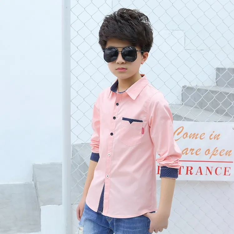 2018 рубашки для мальчиков подростков Однотонная рубашка с длинными рукавами