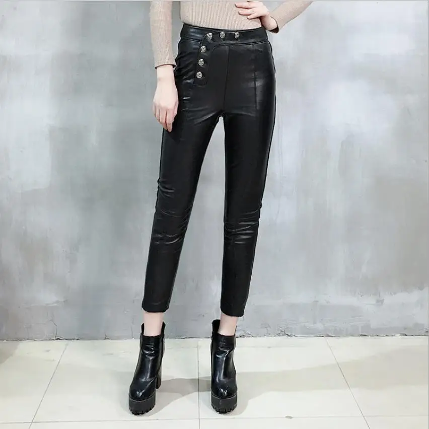 Женские узкие брюки из натуральной овечьей кожи тонкие черные до щиколотки на