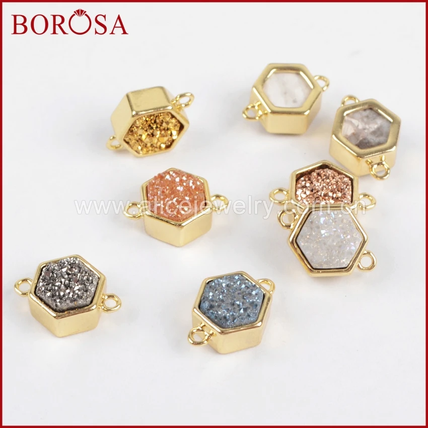 BOROSA 10 шт. шестиугольник Drusy золото цвет ободок натуральный камень Титан Радужная Друза разъем двойной Bails Для DIY ювелирных изделий ZG0138