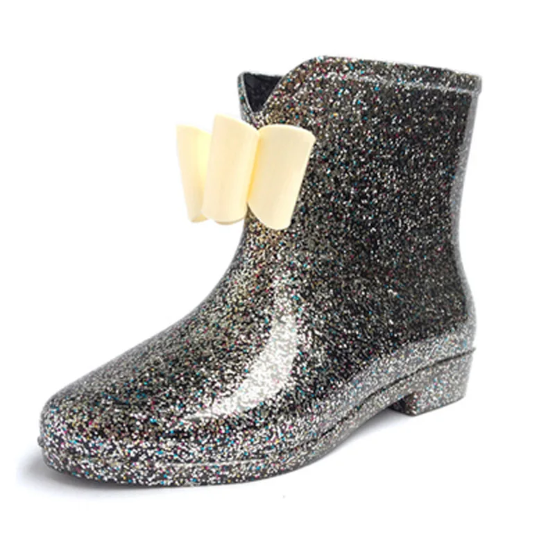 Женские резиновые сапоги с бантом на плоской подошве цветочным принтом для