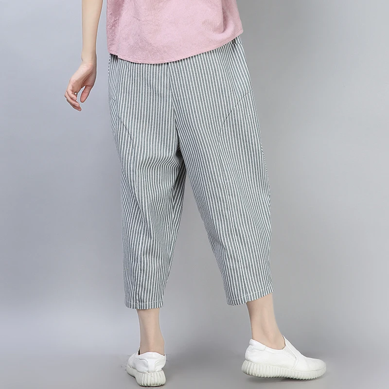 

Women Cotton Linen Harem Pants Striped Print Pocket Wide Leg Trousers Women Casual Loose Baggy Pants Pantalon Femme Grey/Black