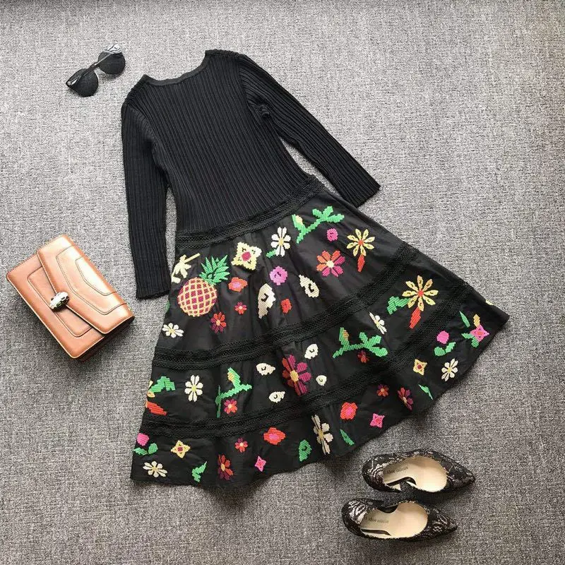 Женское осеннее платье с круглым вырезом и вышивкой в стиле пэчворк цветочной