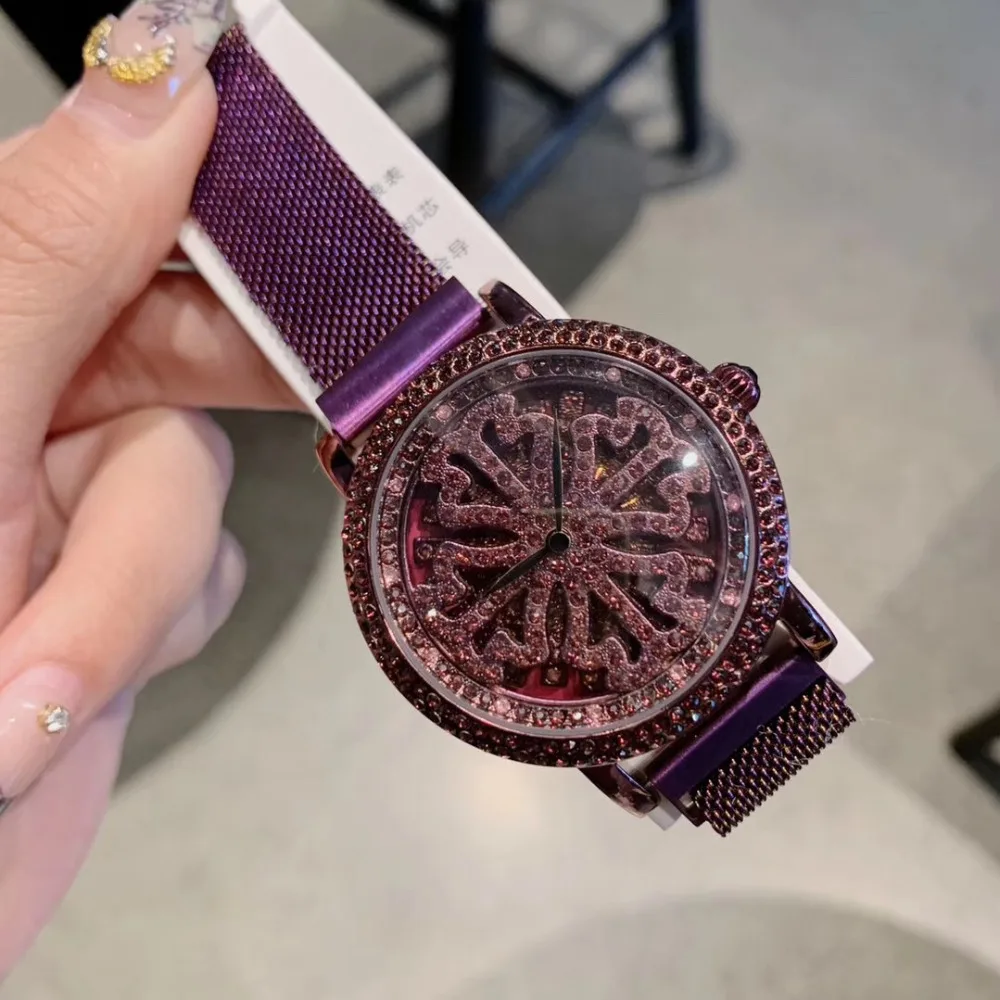 

Vintage Fashion Ful Purple Women Crystals Dress Watches New Popular Milanese Magnet Bracelet Watch GOOD LUCK Spinning Wristwatch