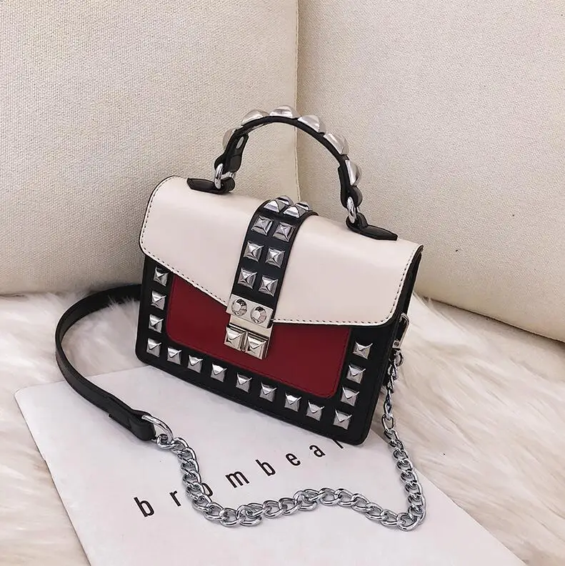 white-black DAUNAVIA сумка на плечо, женская модная сумка с заклепками, женская сумочка из искусственной кожи Женская сумочка с клапаном, сумочка с красной цепочкой, сумки через плечо - Цвет: white-black