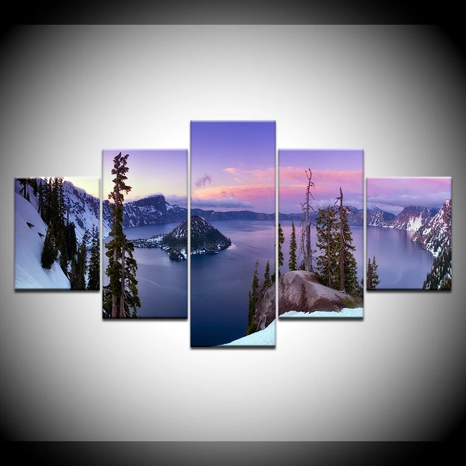 Озеро снег горы утро пейзаж 5 панелей HD печать стены искусства современный