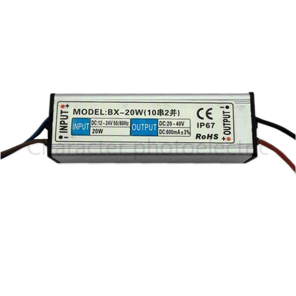 Постоянный ток 12 24V 20w Водонепроницаемый светодиодный драйвер IP67 Выход DC 20 40V 600 mA