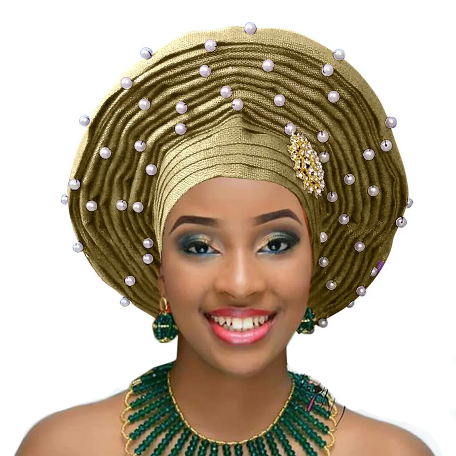 Африканский геле уже heatie Aso oke головной убор с бисером Африканский головной убор для женщин - Цвет: gold