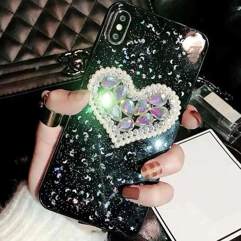 Crystal Rhinestone Heart Phone Case for iPhone XS Max XR X Fashion Designer For iphone 7 8 6s 6 + Bling Star Silicone Soft | Мобильные