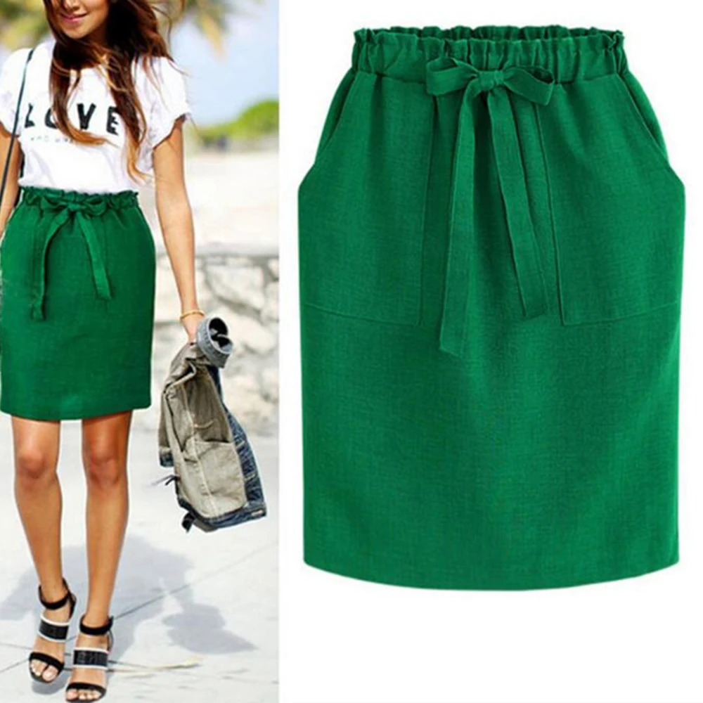 Высокая талия мини юбка большой карман галстук бабочка летние женские