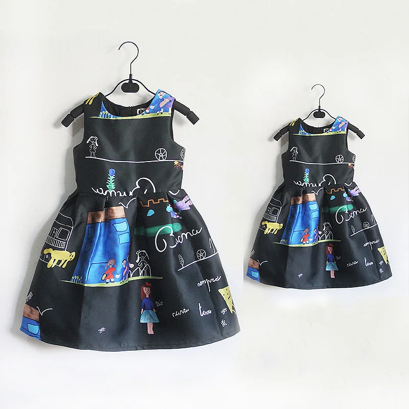 Черные юбки без рукавов с рисунком граффити для женщин и девочек Детский сарафан
