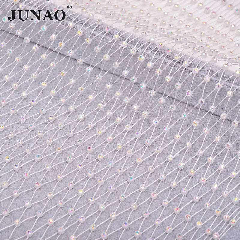 White AB Stones JUNAO 1 метр блестящий черный AB Швейные Хрустальные сетчатые Стразы ткань стеклянная отделка стрейч аппликация из страз для украшения платья - Цвет: White AB Stones
