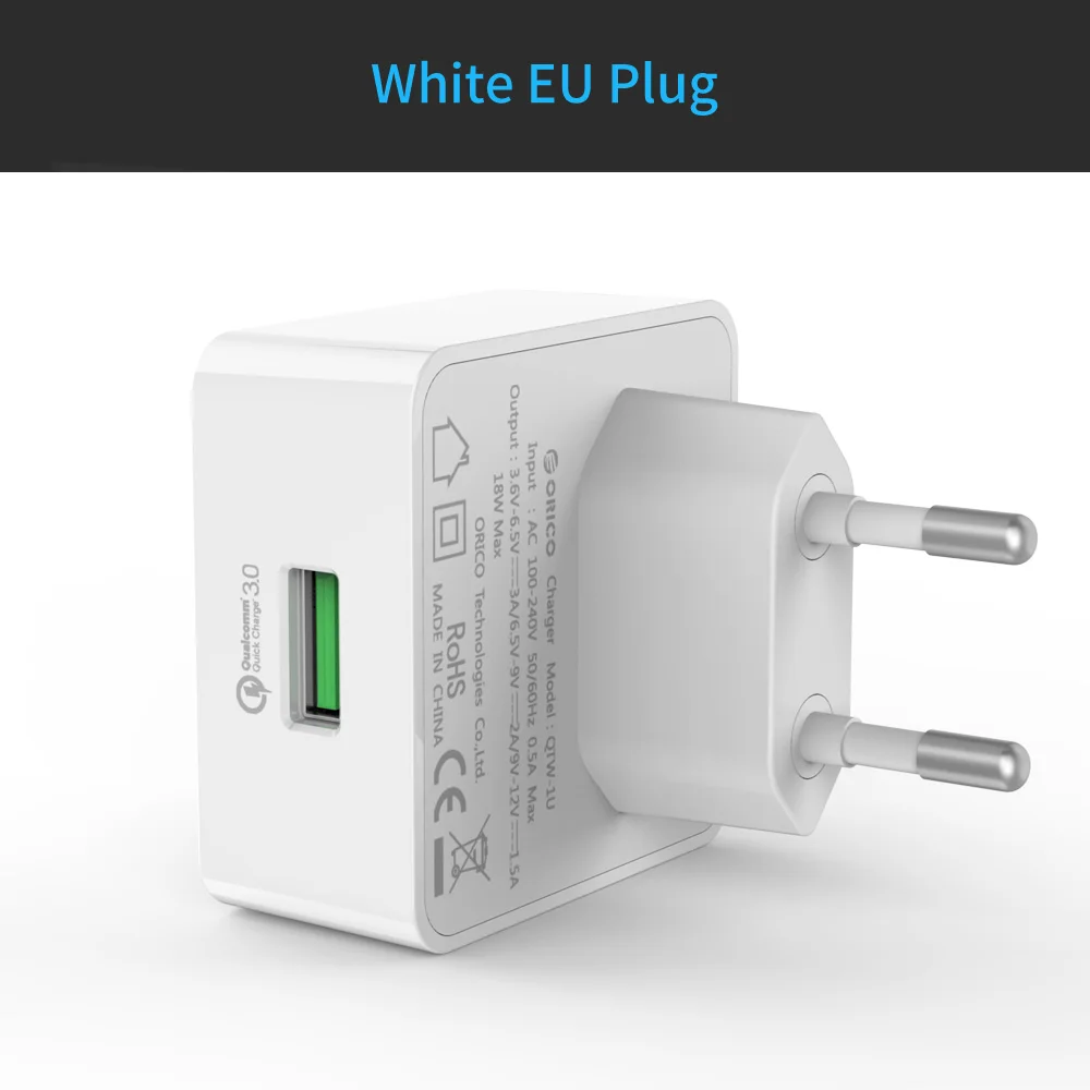 EU White Быстрое зарядное устройство ORICO QC3.0, умное настенное зарядное устройство с кабелем Micro USB 1 м для samsung Xiaomi huawei - Тип штекера: EU White