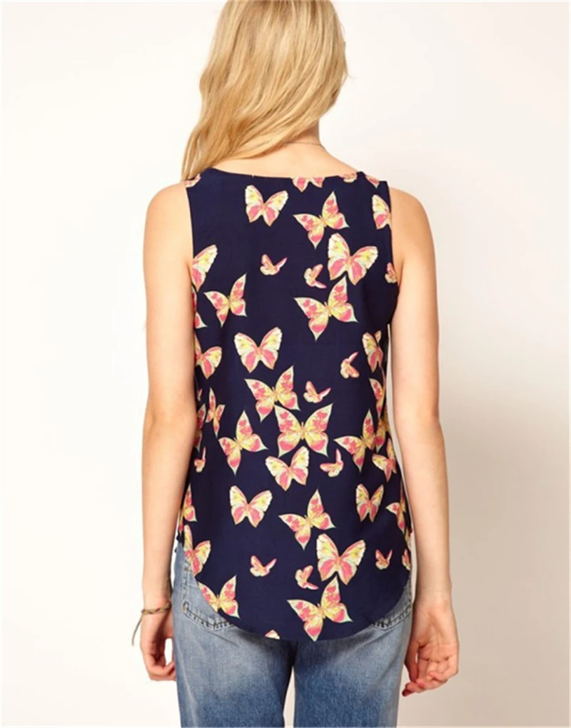 2016 Летом женские Бабочка Печати Танк Шифон Топы Жилет Блузки Без Рукавов Рубашки