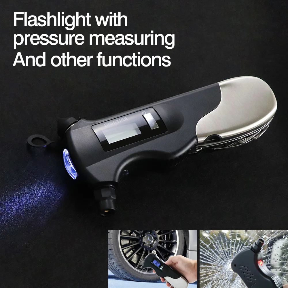 

WHDZ 8 IN 1 Outdoor travel multi-function Digital tire pressure gauge intelligent safety explosion-proof detector LED Car Hammer