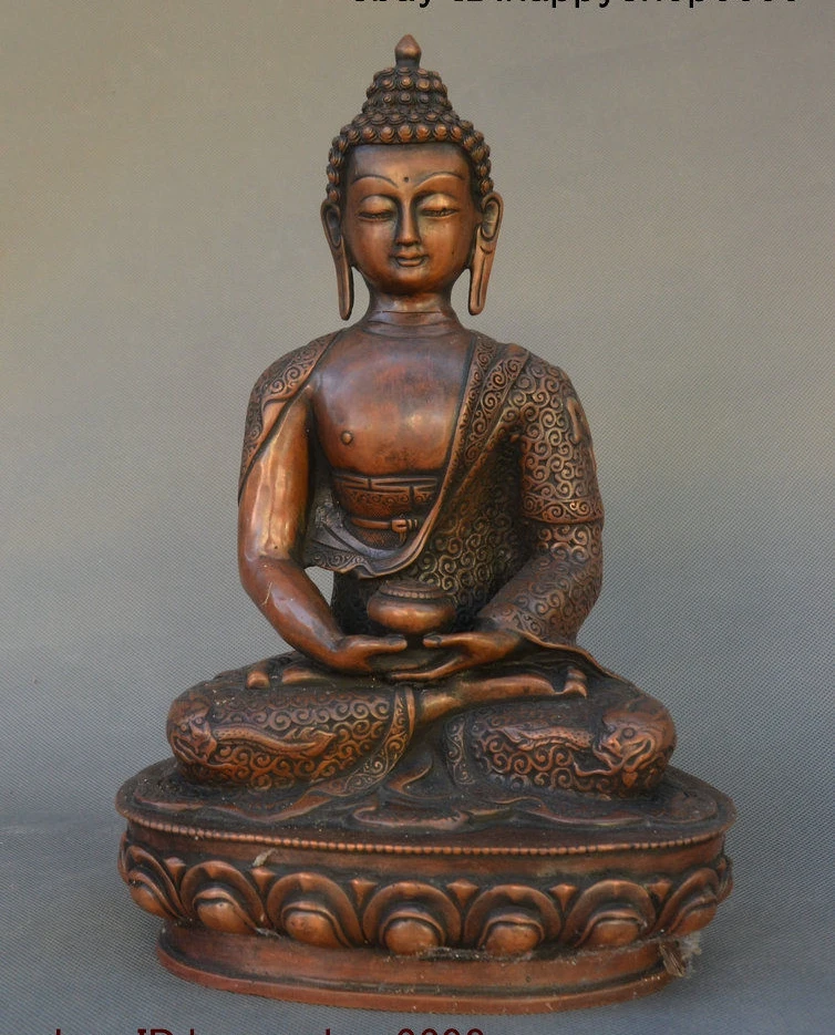 

Tibet Bronze Dragon Robe Shakyamuni Amitabha Buddha Tathagata Bowl Statue 13inch