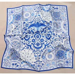 Шарф из 100% твила, плотный, 18 мм, модный, белый, синий, с цветочным принтом, шарфы 35 